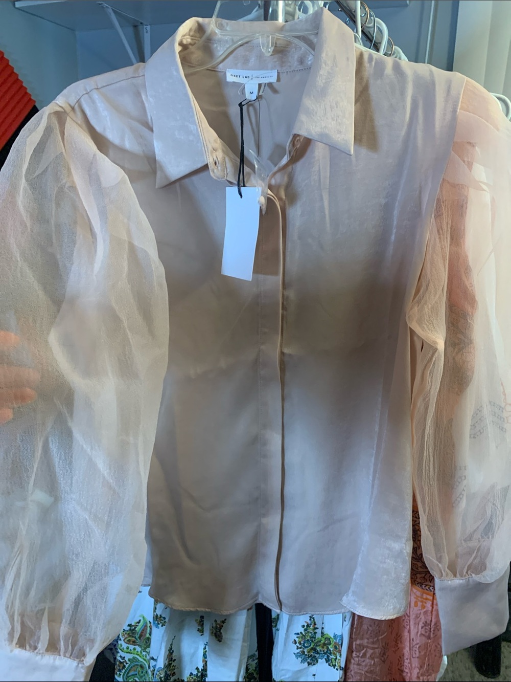 GREY LAB Sheer Blush Satin Blouse